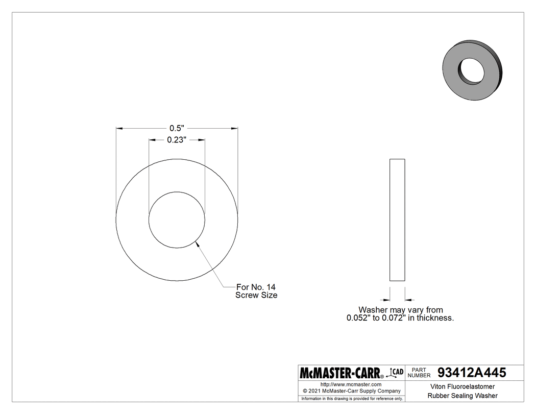 Technical Drawing of Fluoroelastomer Rubber Sealing Washer, for Number 14 Screw, 0.23" ID, 0.5" OD, 0.052" to 0.072" Thick.